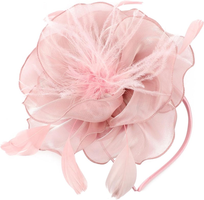 DRESHOW قبعة فاسيناتور مزينة بالريش مع رباط رأس للنساء، قبعات حفلات الشاي مع مشبك وزهرة لرباط الرأس للبنات والنساء - Image 1